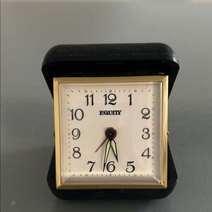 Vintage equity Black and Gold Travel Clock. 2.5 x 2.5 in clock and alarm work